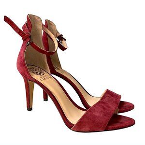 VINCE CAMUTO Court Suede Open Toe Ankle Strap Heels Chianti